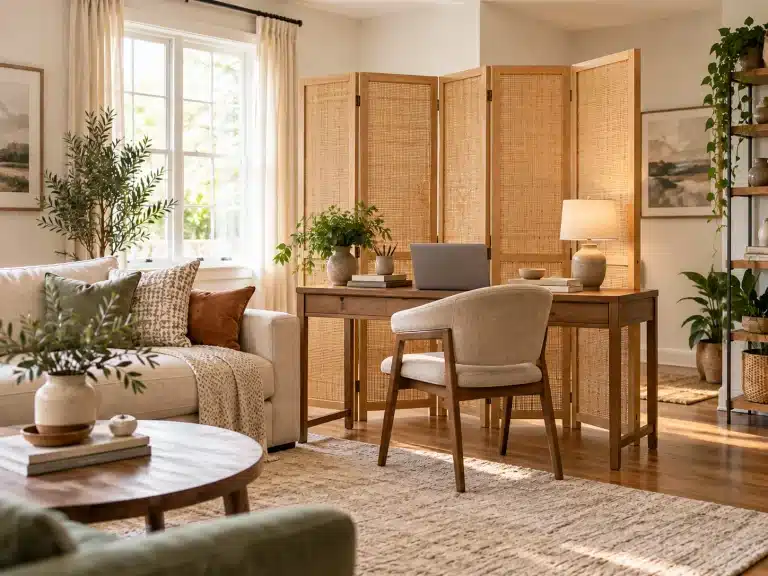 Freestanding wooden folding room divider separating a living area from a home office