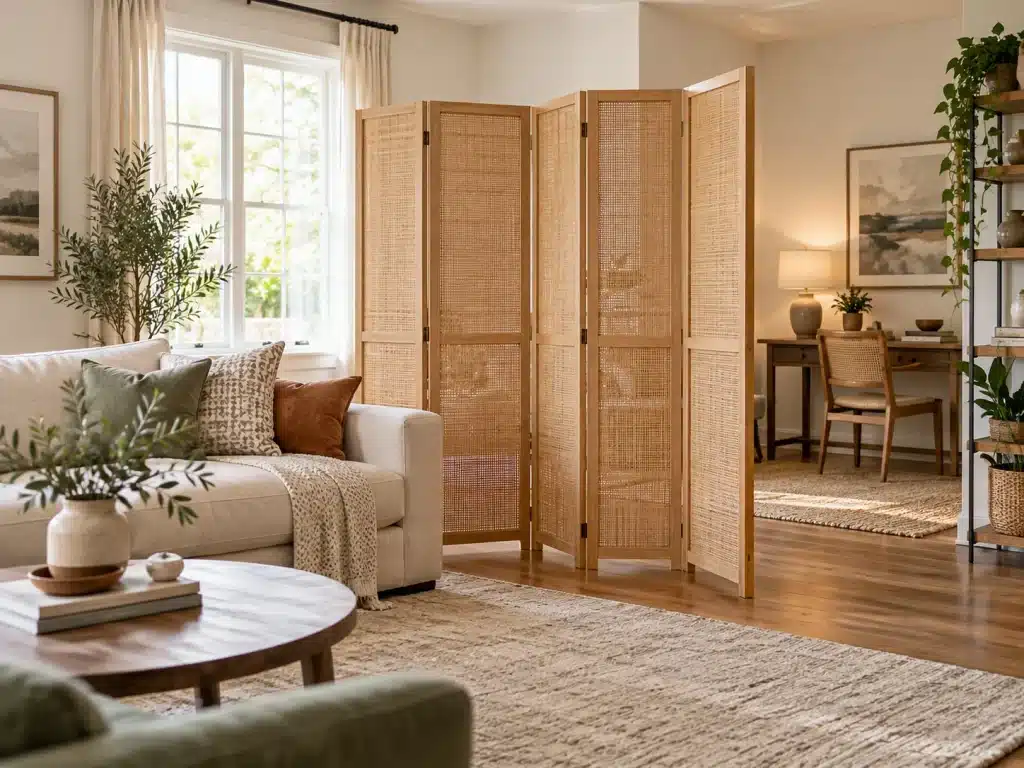 Wooden rattan folding screen behind a home office desk in a bright living room