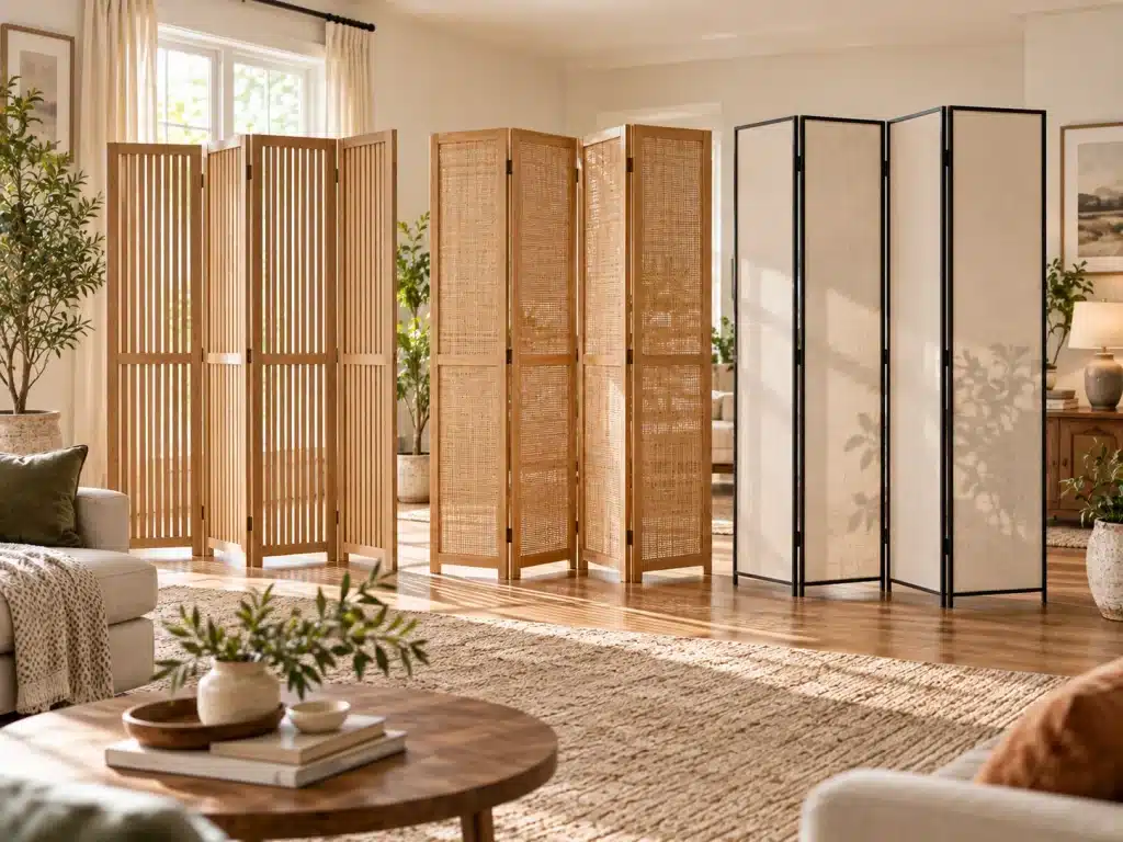 Freestanding rattan folding screen separating a sleeping area and workspace while allowing natural light into the room