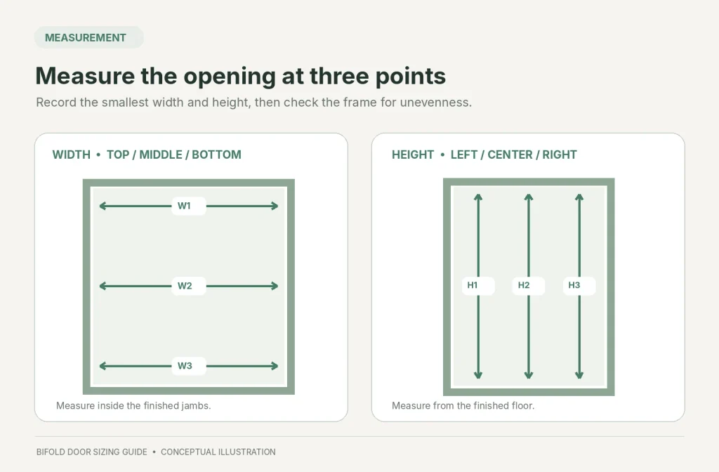 Diagram showing three width measurements and three height measurements inside a finished bifold door opening.