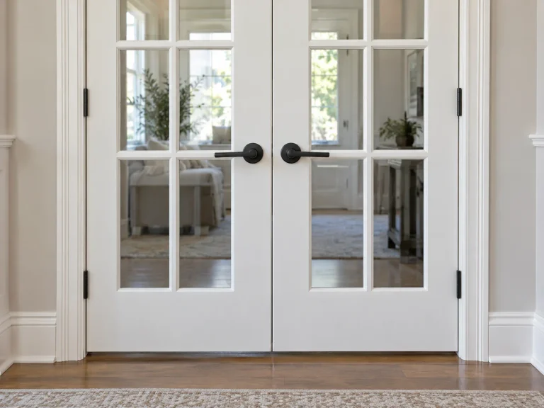 White interior French doors with matching matte black lever handles installed at equal heights
