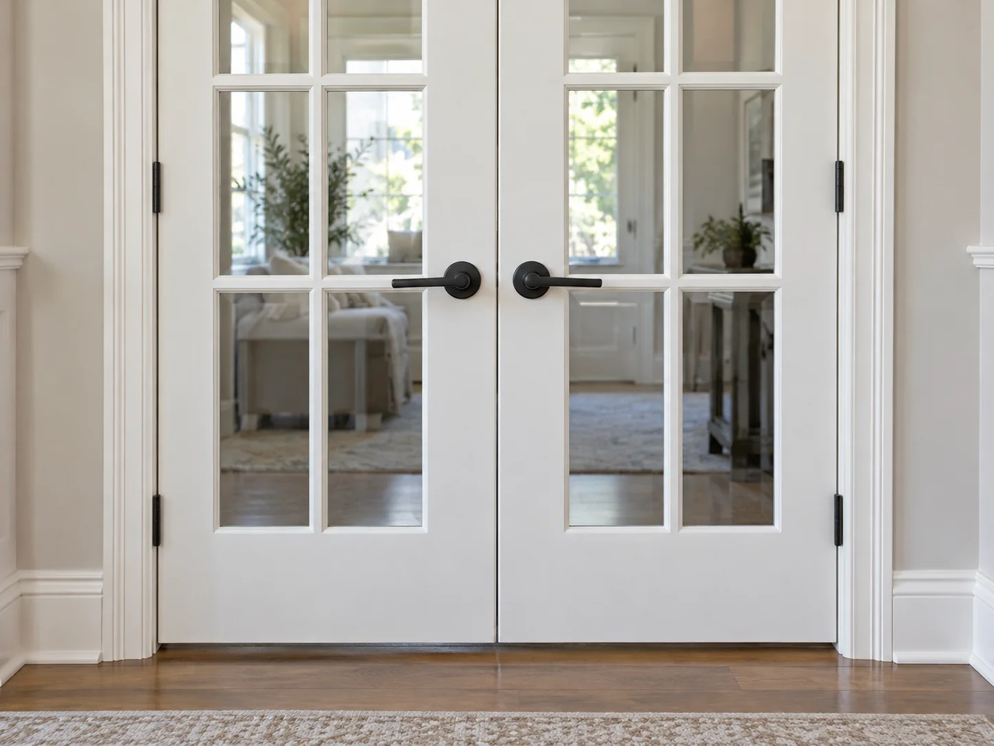 White interior French doors with matching matte black lever handles installed at equal heights
