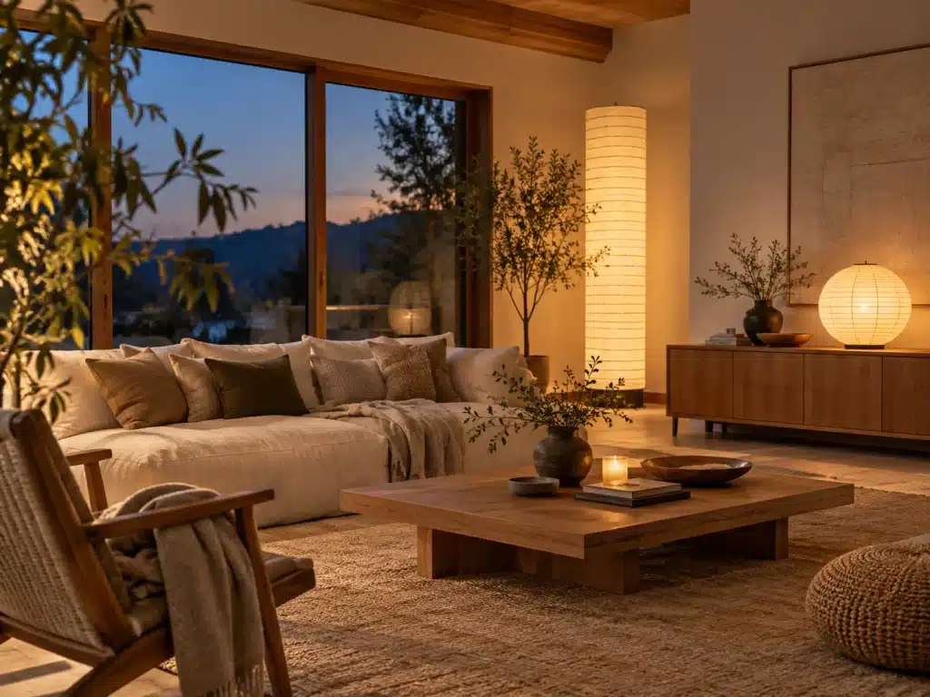 Japandi living room at dusk with glowing paper lamps, a linen sofa, and natural wood furniture