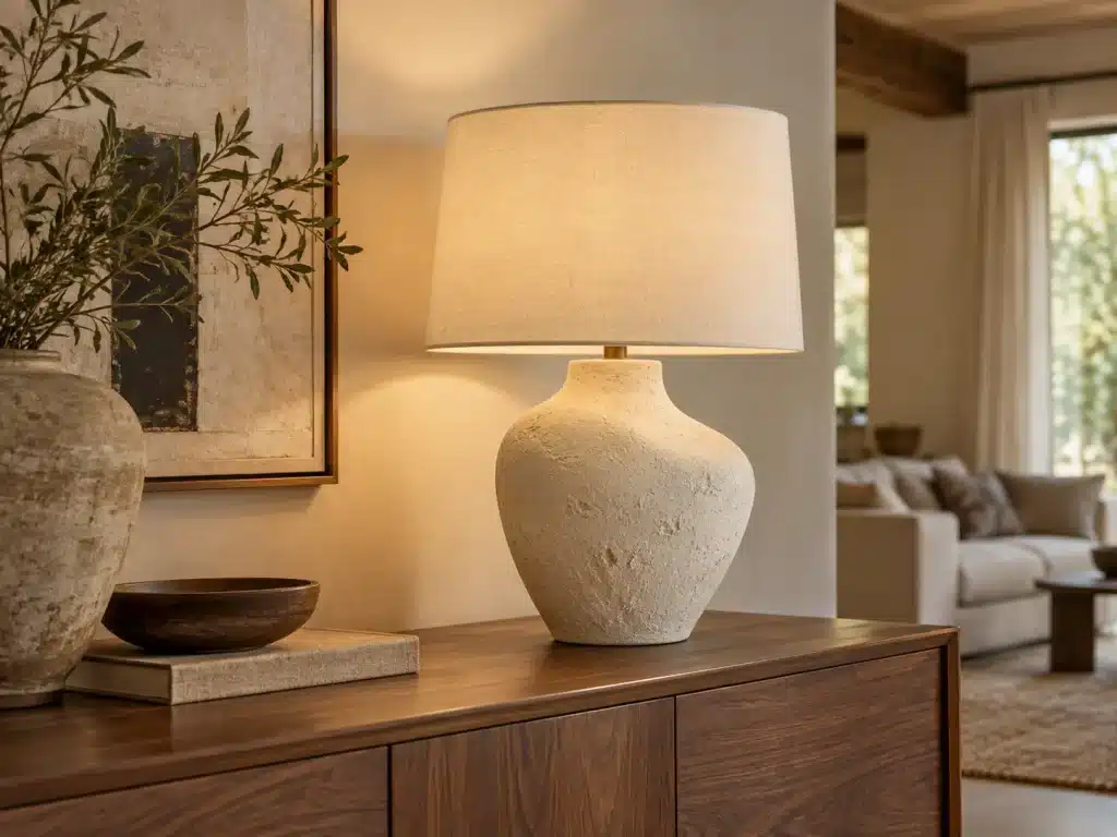 Sculptural off-white plaster table lamp with a linen shade on a walnut sideboard
