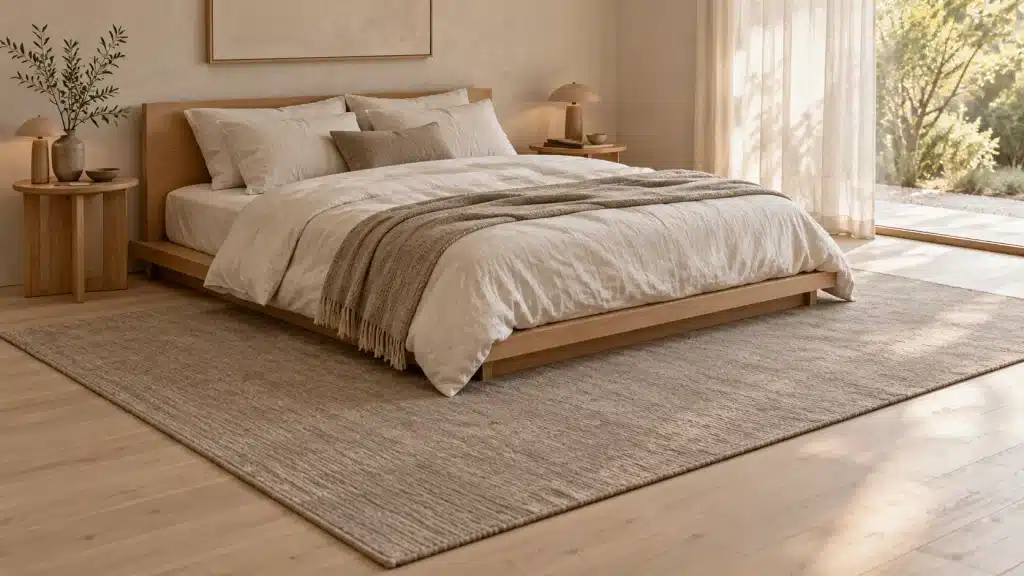 Warm taupe Japandi rug extending beyond the sides and foot of a low wooden bed with ivory linen bedding