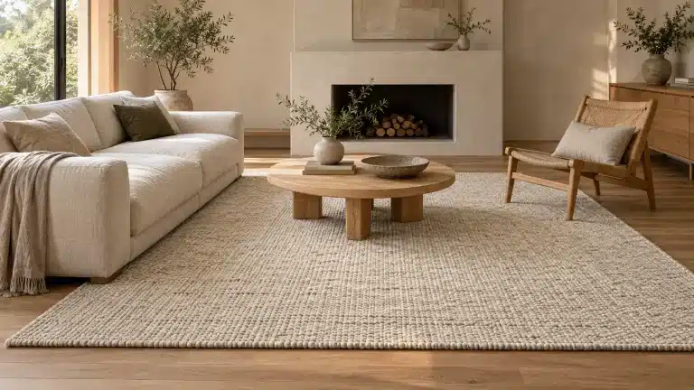 Oatmeal Japandi rug beneath a round oak coffee table, paired with a cream sofa and wooden accent chair
