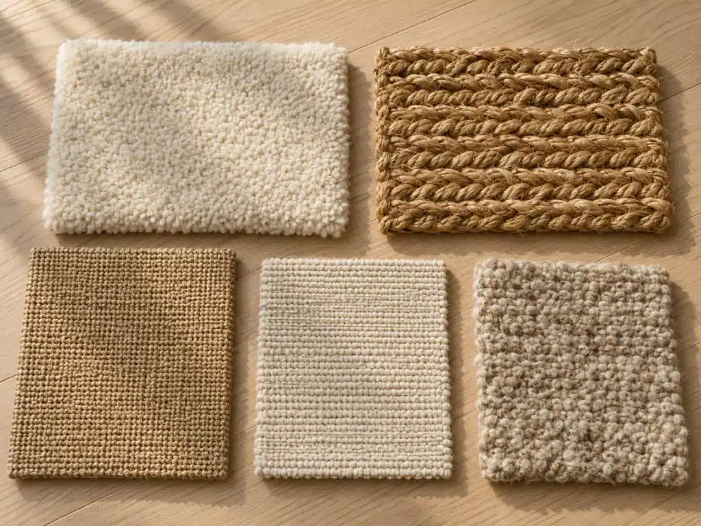 Five Japandi rug texture samples in cream, tan, and oatmeal tones arranged on a wooden surface