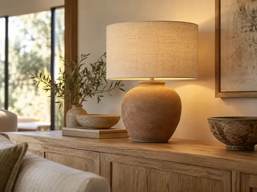 Textured terracotta table lamp with an oatmeal linen shade on an oak console