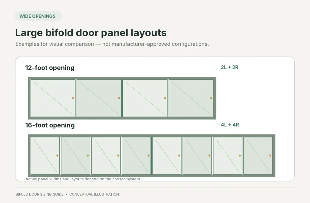 Conceptual bifold door panel layouts showing a four-panel 12-foot opening and an eight-panel 16-foot opening.
