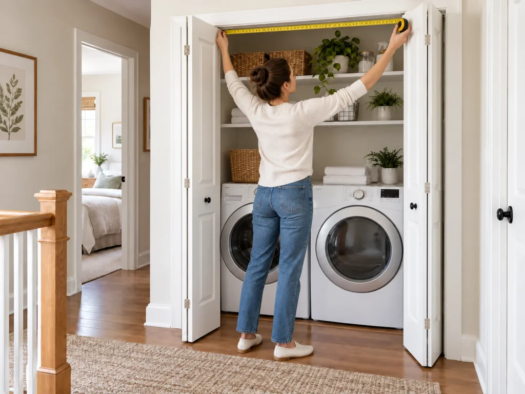 White louvered bifold doors for a laundry closet with washer and dryer
