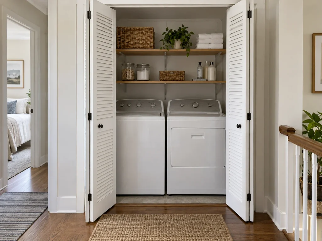 White louvered closet doors opening to a washer and dryer in a small laundry space