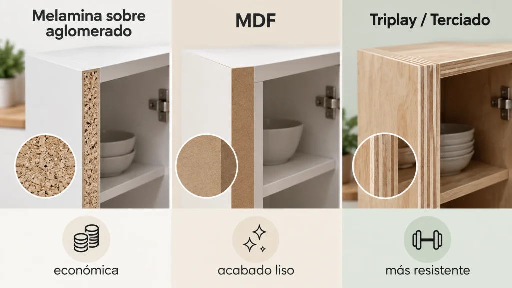 Comparación de materiales para gabinetes de cocina integral: melamina, MDF y triplay