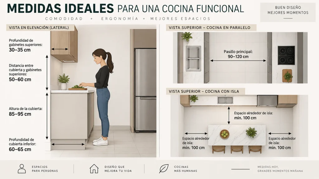 Medidas de cocina integral: altura de cubierta, profundidad de gabinetes y espacios de circulación