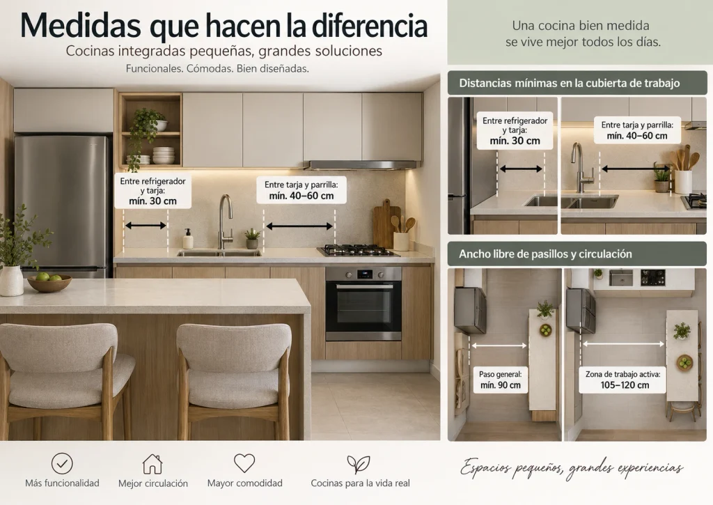 Medidas recomendadas para cocinas integrales pequeñas: separación entre tarja y parrilla, y ancho libre de pasillos.