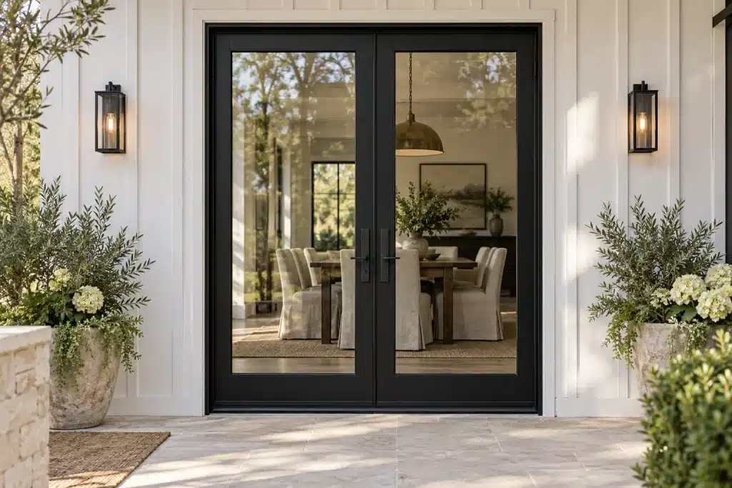 Modern black French doors on a white board-and-batten exterior with matching wall lights