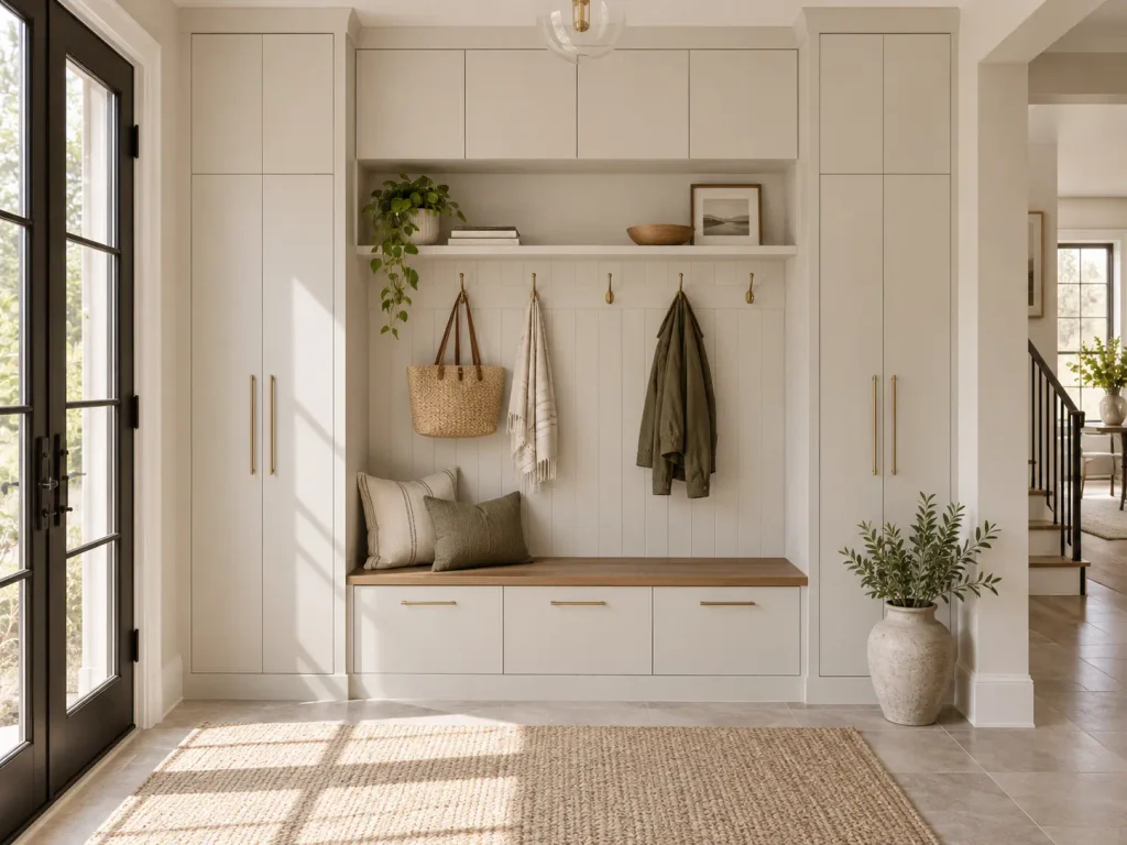 Modern custom mudroom design with minimalist cabinetry, brass hardware, wood bench, and concealed drawers