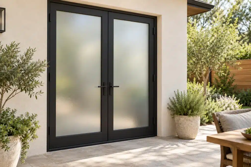 Modern black exterior French doors with frosted privacy glass overlooking a backyard patio