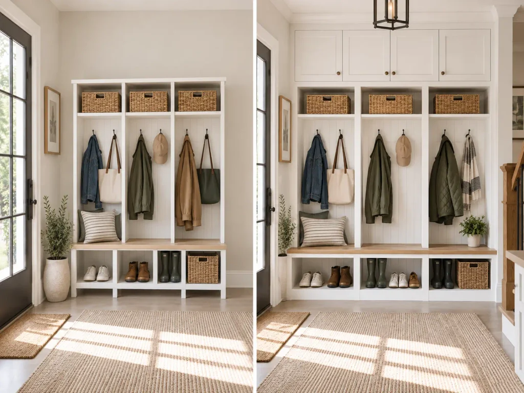 Side-by-side comparison of modular mudroom lockers and custom built-in storage cabinets