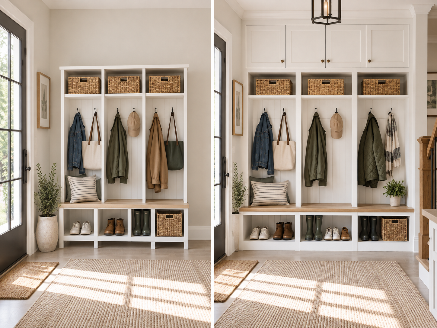 White built-in mudroom lockers and storage cabinets with a natural oak bench and shoe cubbies