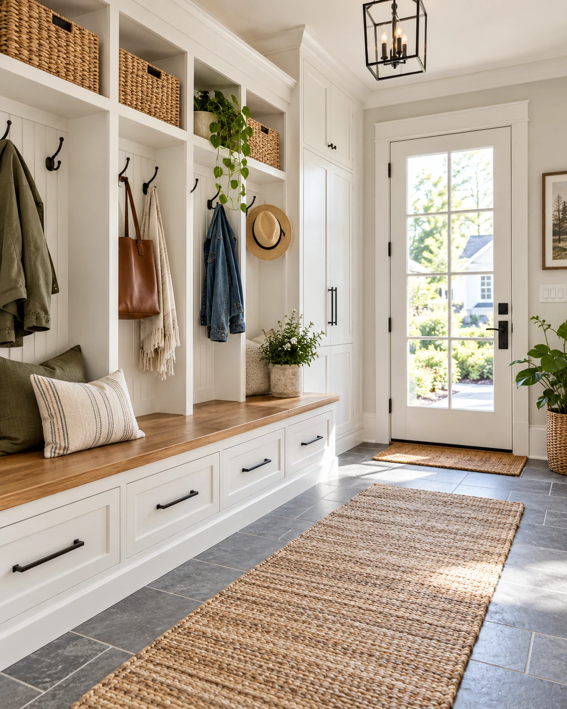 Bright mudroom with white built-in cabinets, wooden bench, coat hooks and tiled floor near an exterior door