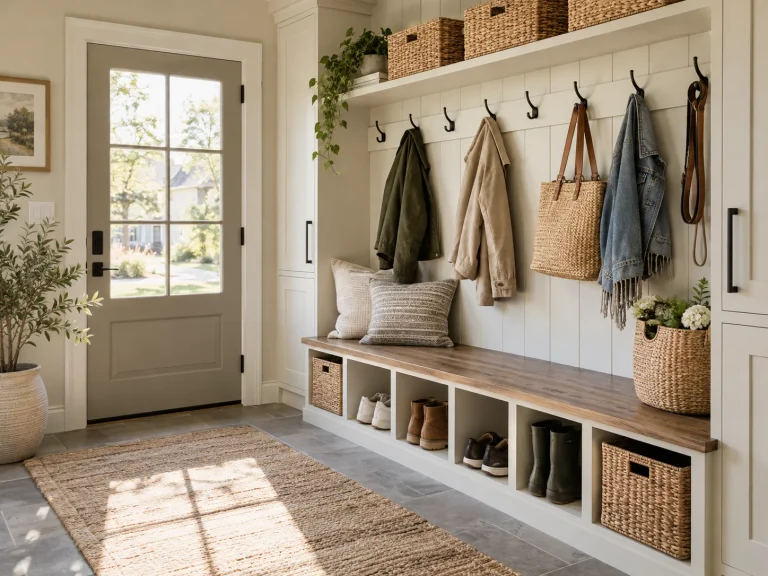 Built-in mudroom bench and storage with shoe cubbies, coat hooks, overhead baskets, and tall cabinets in a bright entryway.