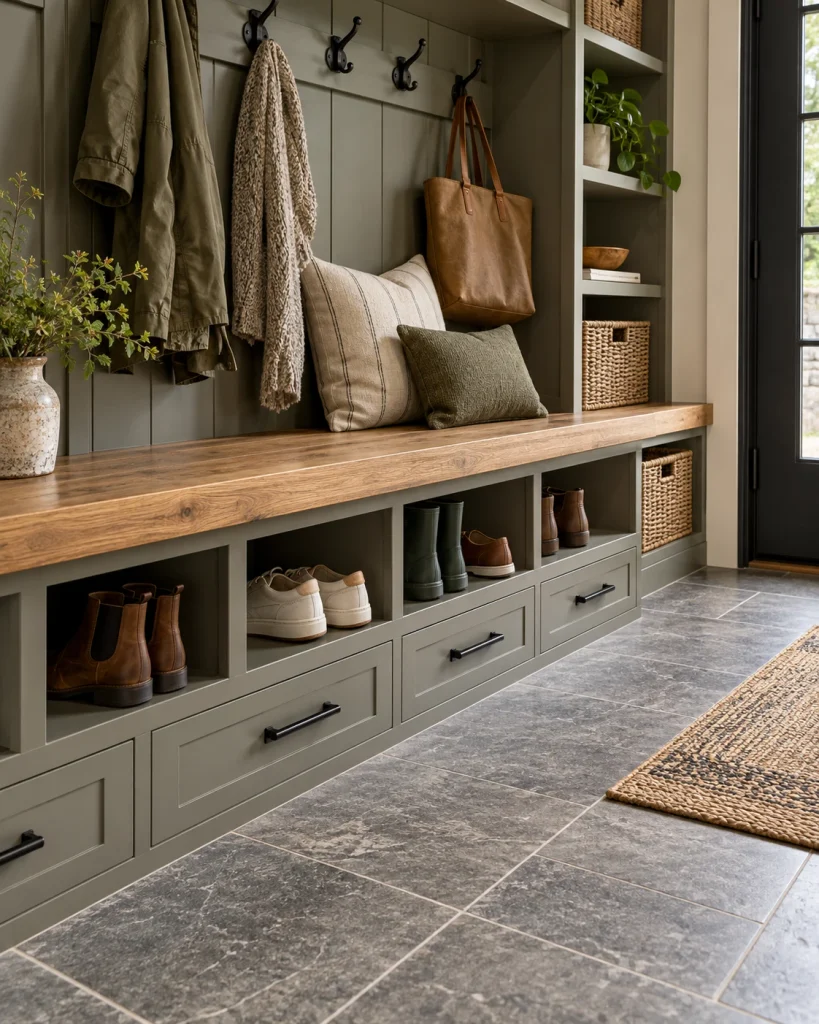 Olive green mudroom bench with shoe cubbies, drawers, coat hooks and durable gray tile flooring