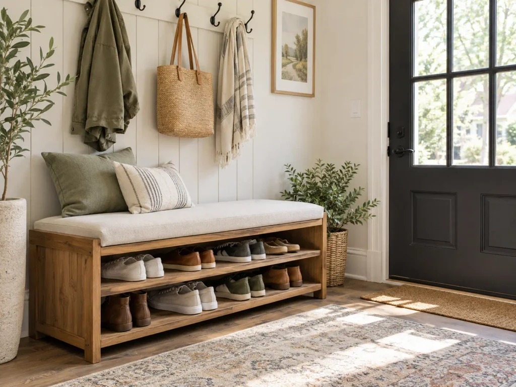 Styled mudroom bench with shoe storage, wall hooks, a mirror, cushions, and natural wood finishes.