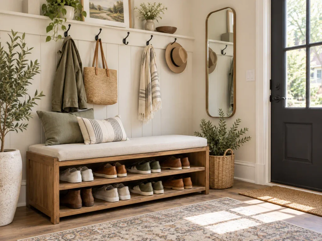 Wooden mudroom bench with shoe storage featuring open shelves for neatly organized everyday shoes.