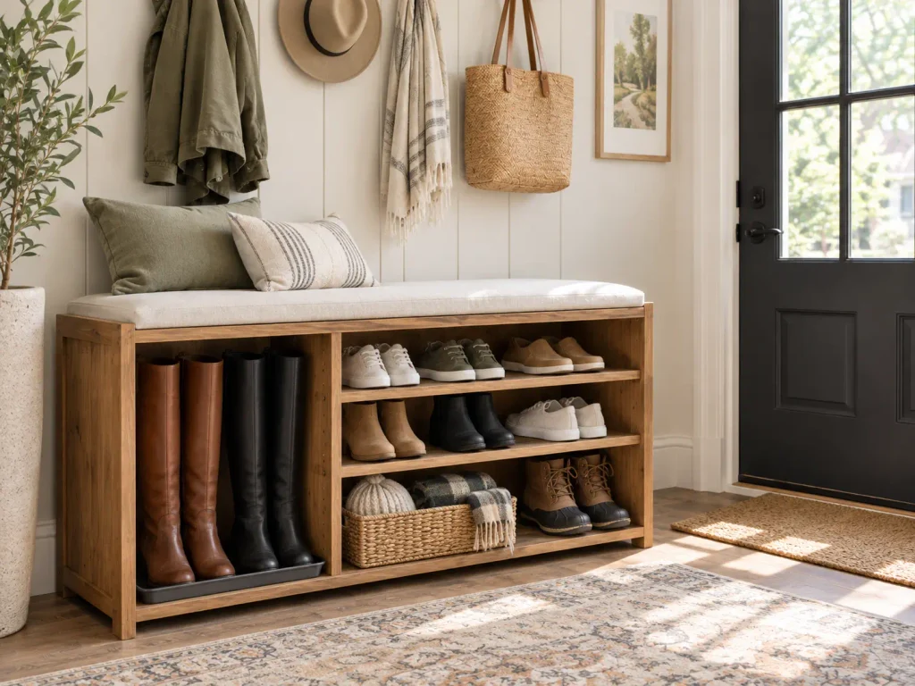 Wooden mudroom bench with shoe storage featuring a tall compartment for boots and shelves for everyday footwear.
