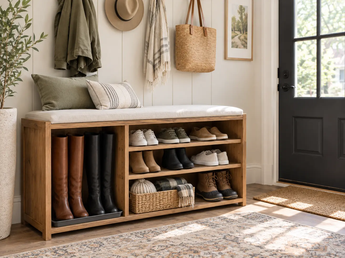 Wooden mudroom bench with shoe storage featuring open shelves for neatly organized everyday shoes.