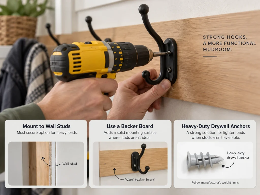 Installing a black coat hook on a wooden backer board with wall stud and drywall anchor mounting examples