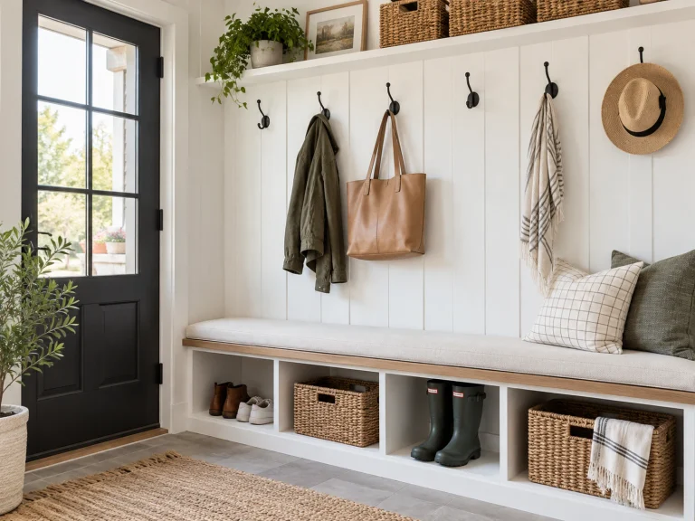 Mudroom with black coat hooks above a cushioned bench and built-in shoe storage