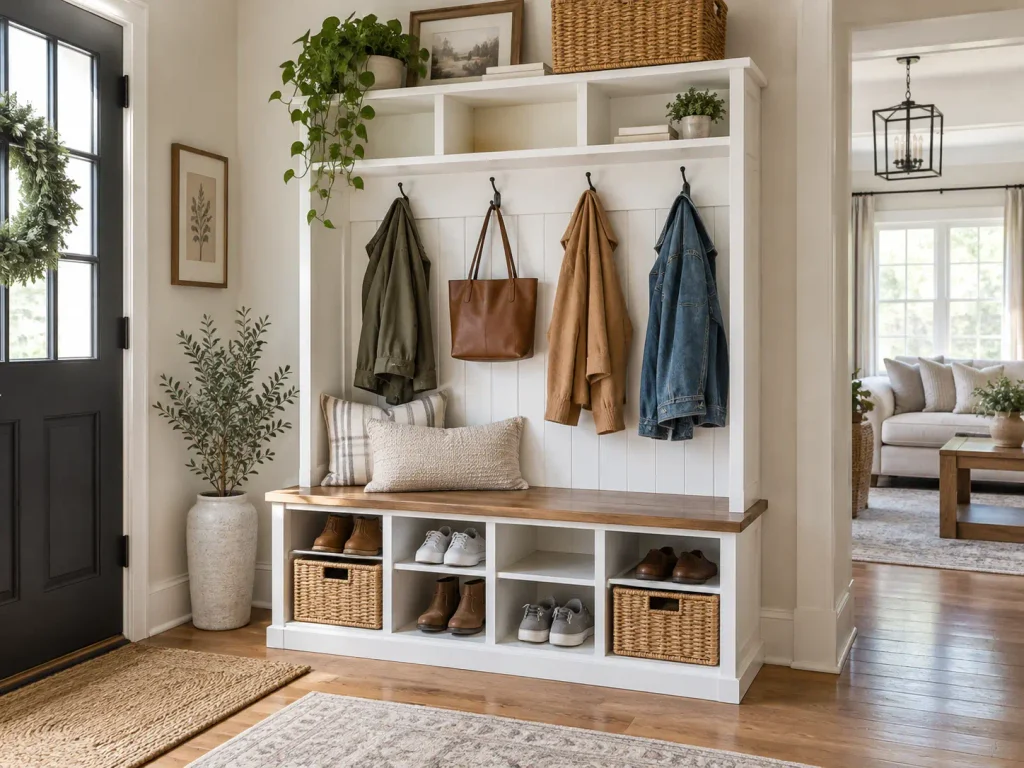 White mudroom hall tree with a wooden bench, coat hooks, upper shelves, and shoe storage