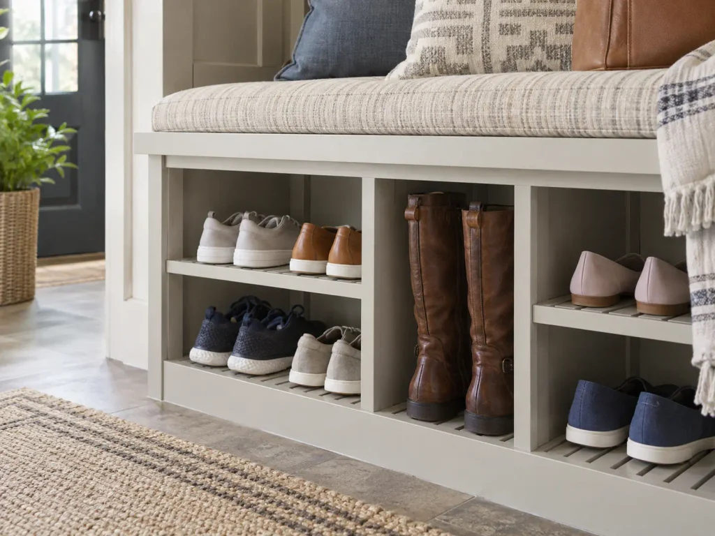 Mudroom hall tree bench with open shoe cubbies, sneakers, flats, and tall leather boots