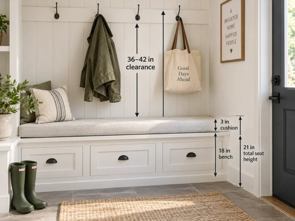 Mudroom bench clearance diagram showing an 18-inch bench, 3-inch cushion and 36–42-inch hanging clearance