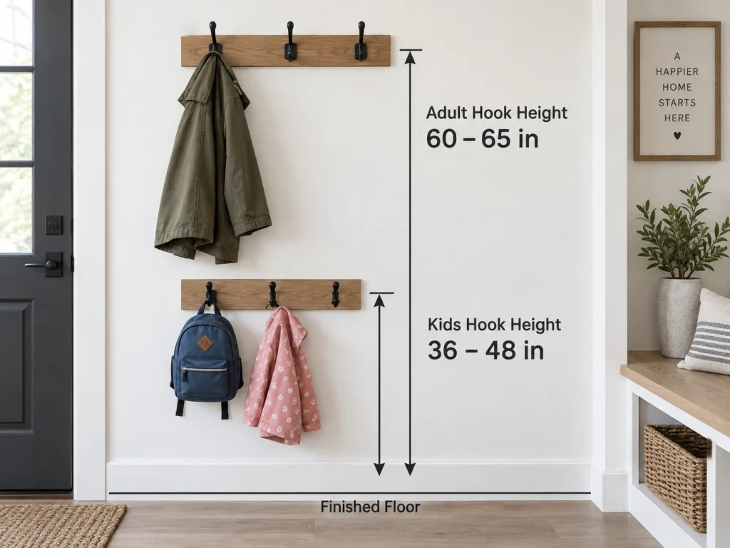 Mudroom hook height diagram showing adult hooks at 60–65 inches and kids hooks at 36–48 inches above the floor