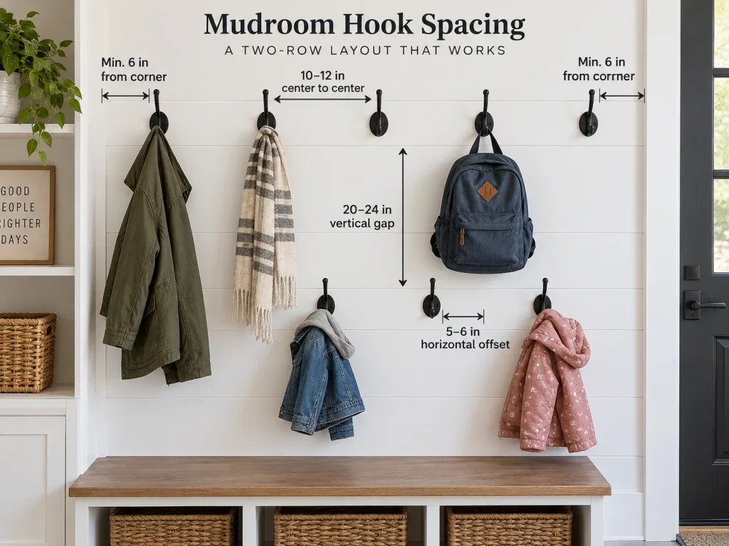 Mudroom hook spacing diagram with 10–12-inch horizontal spacing and staggered upper and lower hooks
