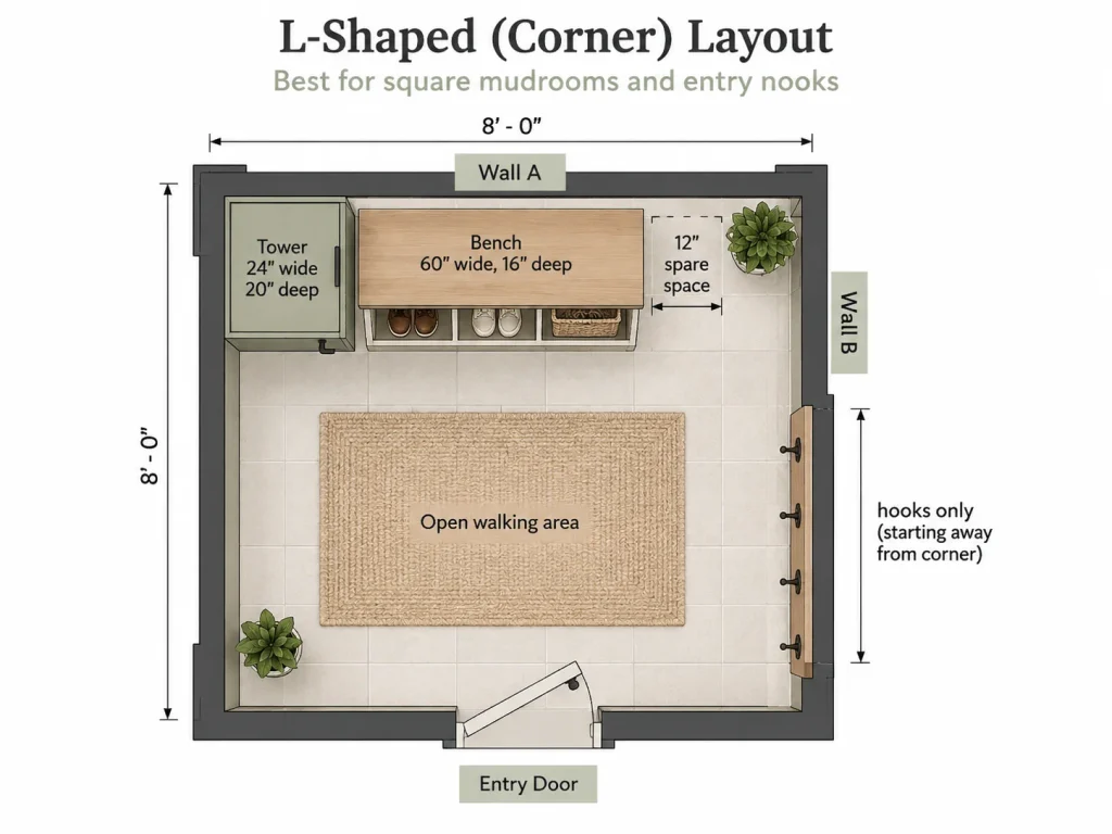 L-shaped mudroom floor plan with a 60-inch bench, 24-inch storage tower, wall hooks, and an open walking area.