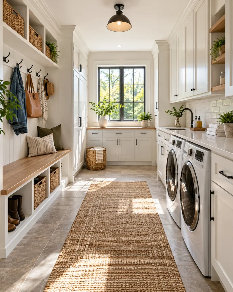 Combined mudroom and laundry room with front-load washer and dryer, built-in bench, cabinetry and natural light
