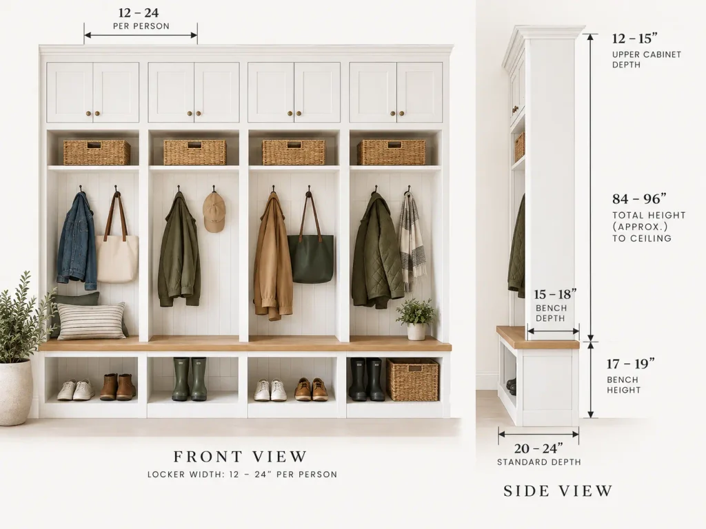 Mudroom locker dimensions showing upper cabinet depth, bench height, seat depth and locker width