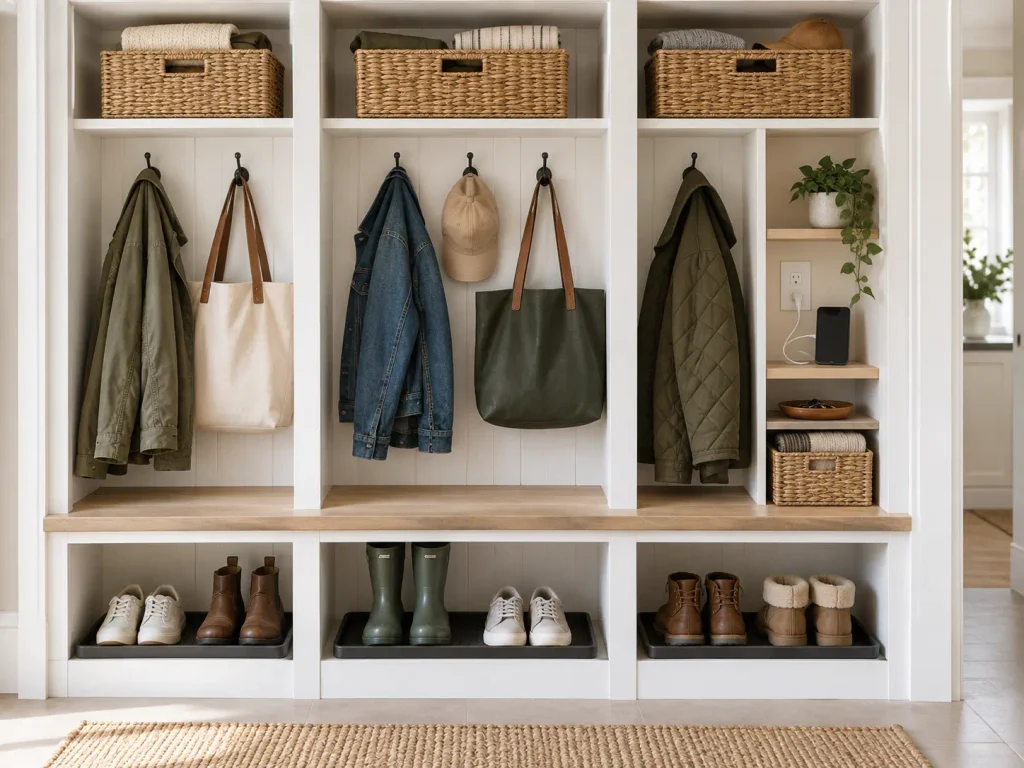 Organized mudroom locker interior with coat hooks, woven baskets, shoe trays and a charging shelf