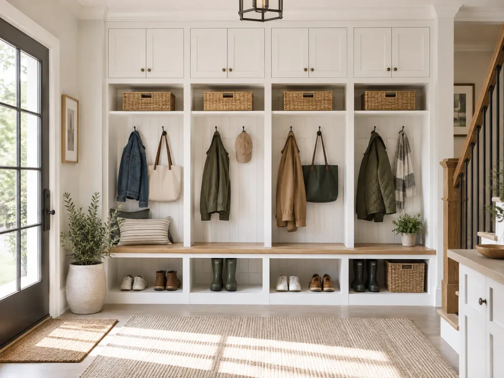 White built-in mudroom lockers and storage cabinets with a natural oak bench and shoe cubbies