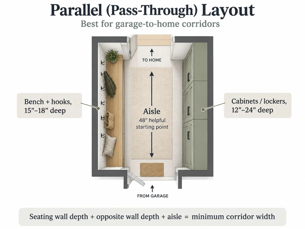 Parallel mudroom layout showing a storage bench opposite tall cabinets with a central aisle for garage-to-home access.