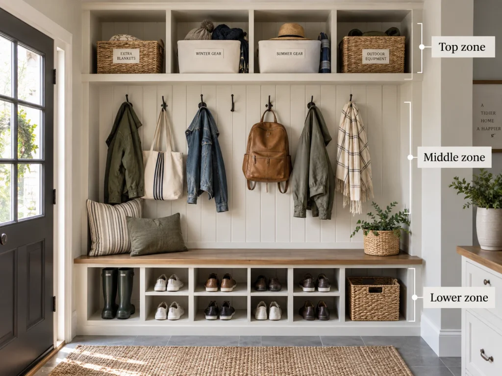 Mudroom bench and storage system showing upper seasonal storage, middle coat hooks, and lower shoe cubbies.