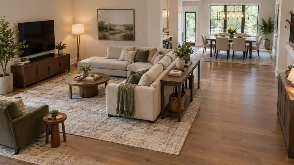 Open-concept living room with an L-shaped sectional, a console table behind the sofa, and a clear walkway toward the dining area