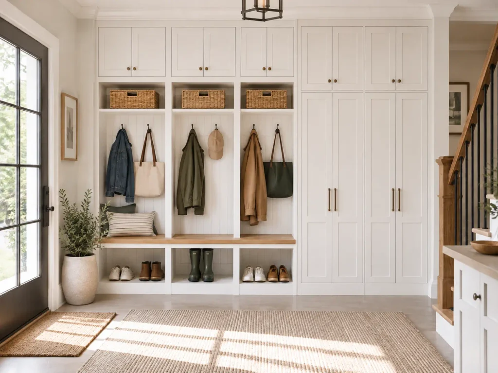 Open mudroom lockers beside closed white storage cabinets with a natural wood bench