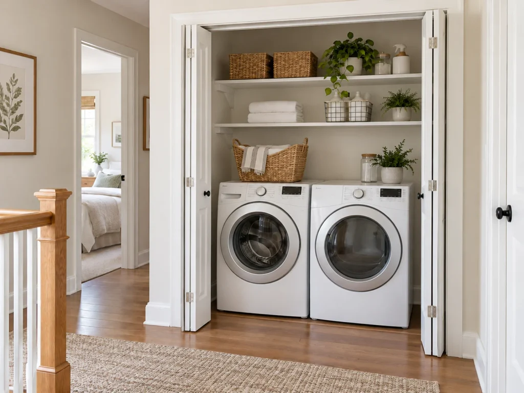 Paneled bifold doors opened fully for clear access to a laundry closet