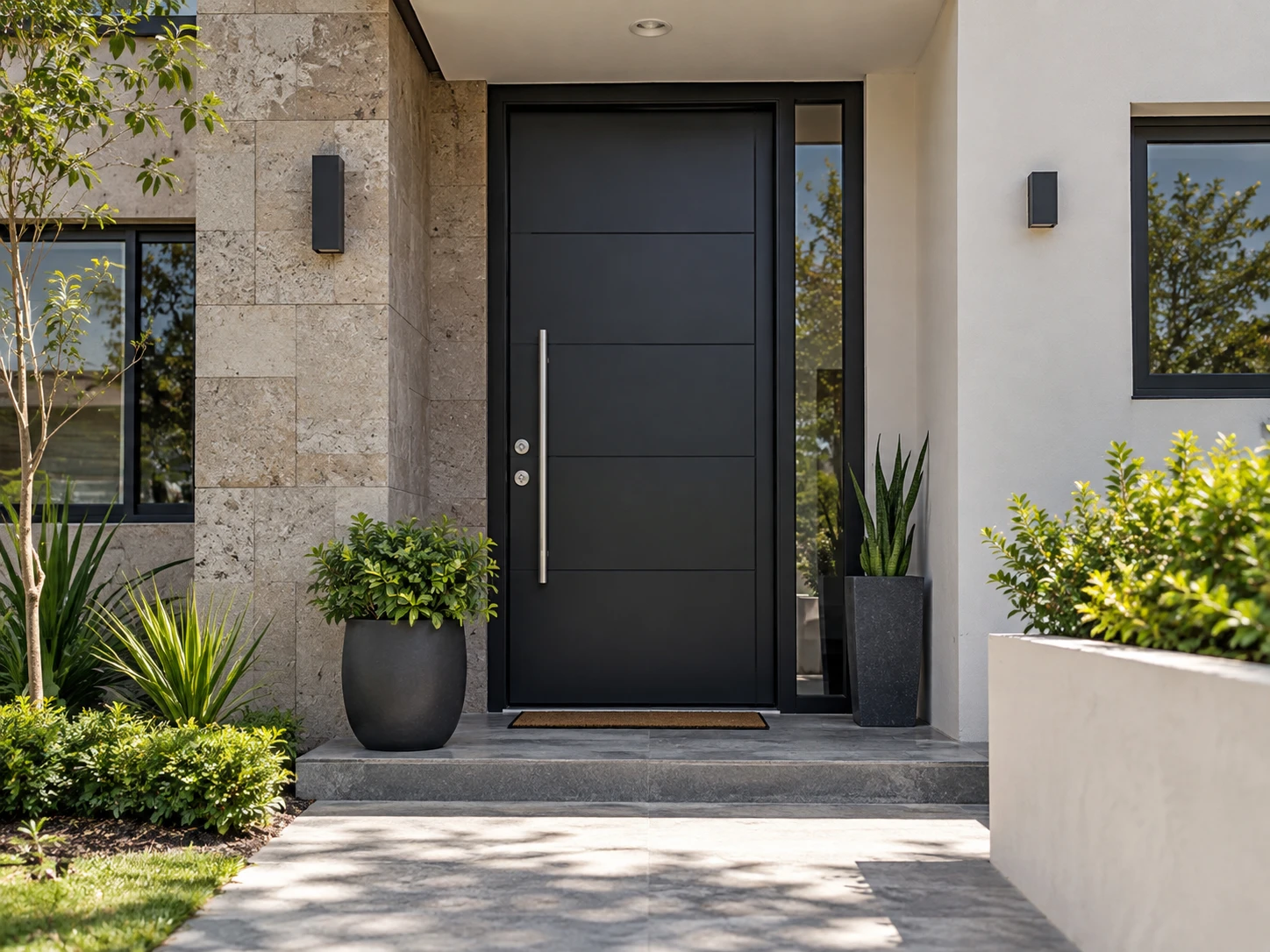 Puerta de seguridad moderna de color negro instalada en la entrada de una casa contemporánea