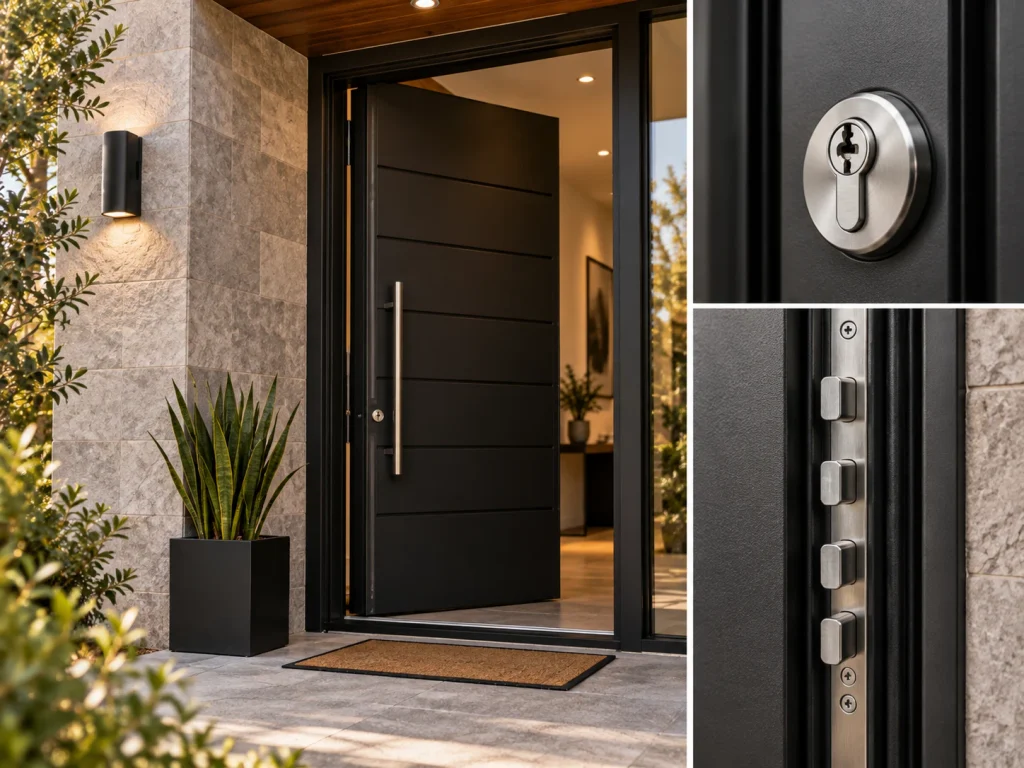 Puerta de seguridad moderna con detalles de cilindro y cerradura multipunto