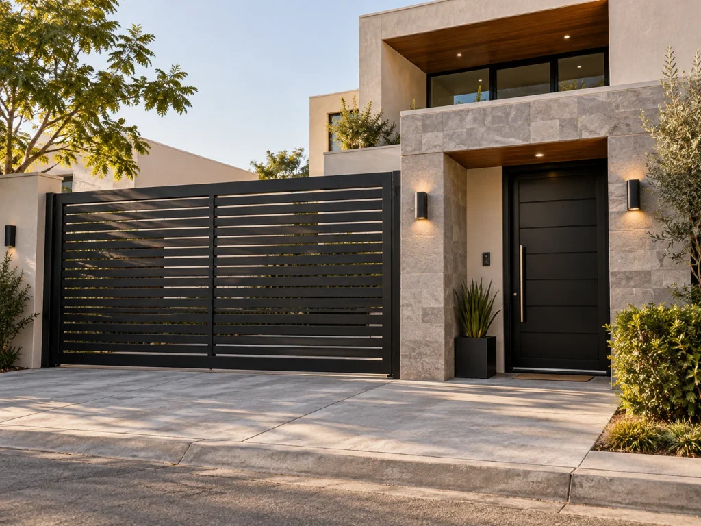 Puertas y portones para casa de estilo moderno con portón metálico negro y entrada principal
